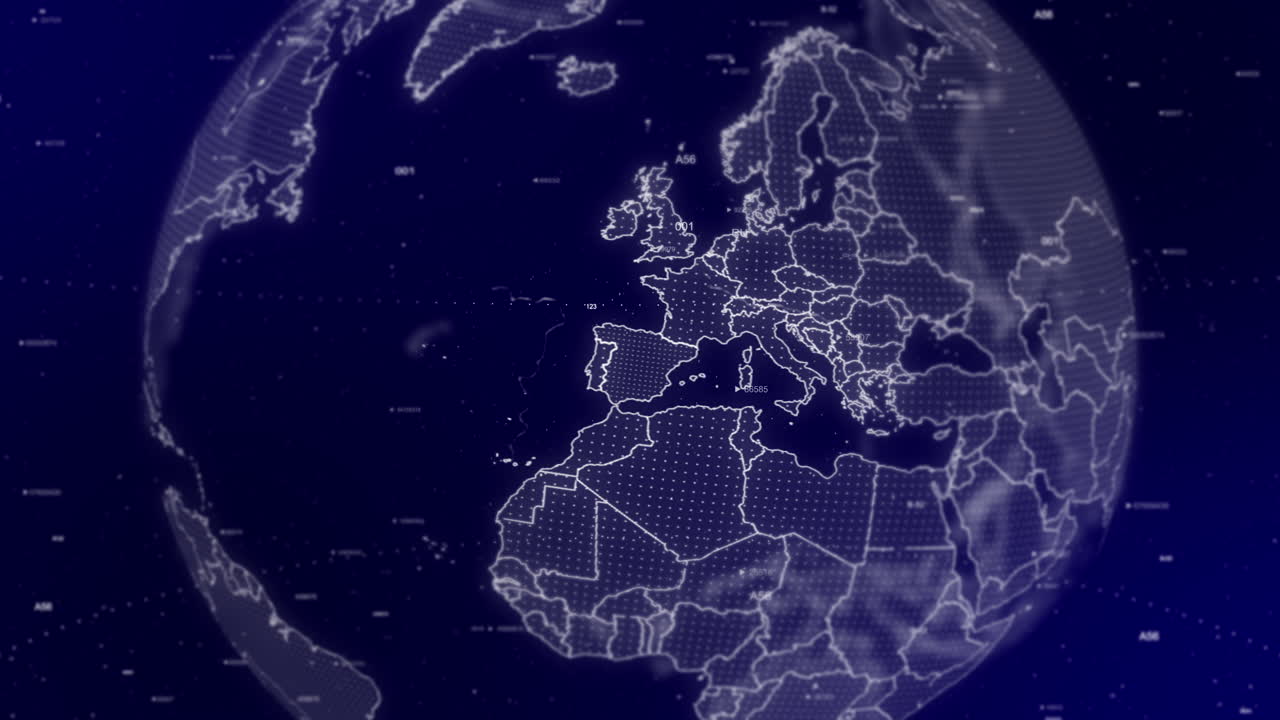 A captivating cinematic video background showcases a digital globe rotating, zooming in on Spain | A Digital globe rotating in on Spain country commercial video background in 4K | Europe
