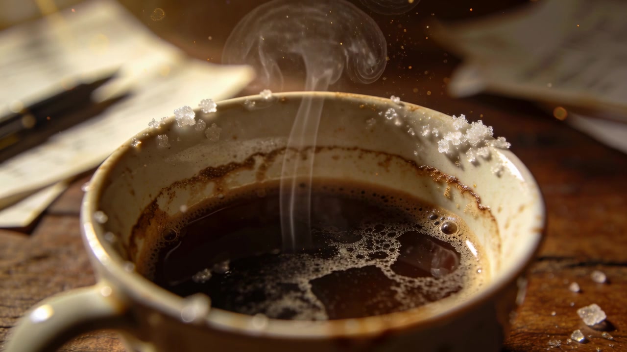 Damp stiger op fra keramisk kaffekop efter hældning, køler ned til en hvirvel på træbord med salt