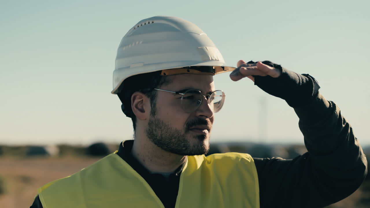 energía renovable en acción: un ingeniero examina turbinas eólicas en un día soleado, promoviendo energía limpia y soluciones ecológicas