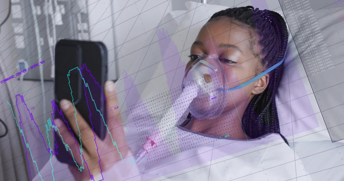 Patient tapping phone with oxygen mask, starting waveform grid covering phone, chest showing vitals