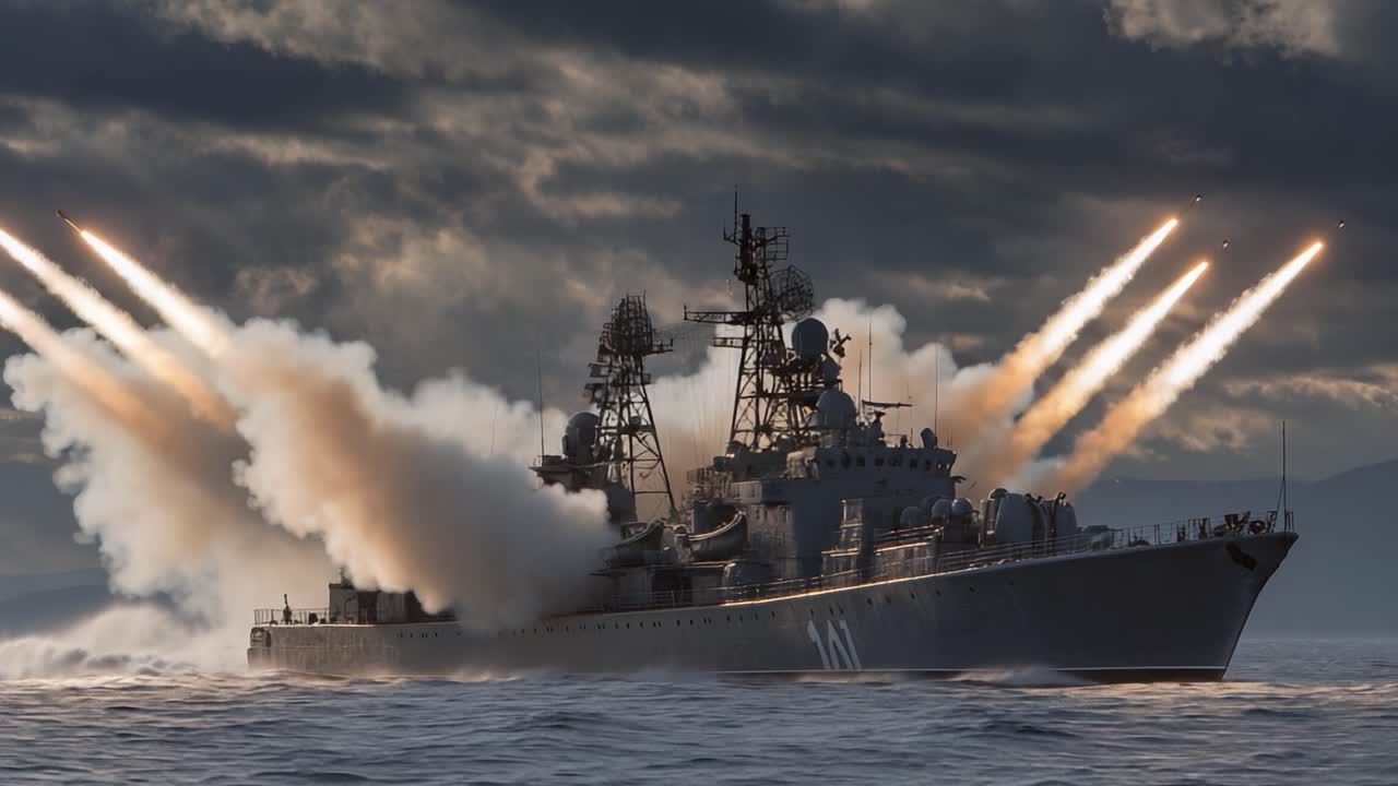 Una impresionante demostración de poder naval: un buque de guerra lanzando misiles en medio de cielos y mares dramáticos, mostrando tecnología militar avanzada y precisión.