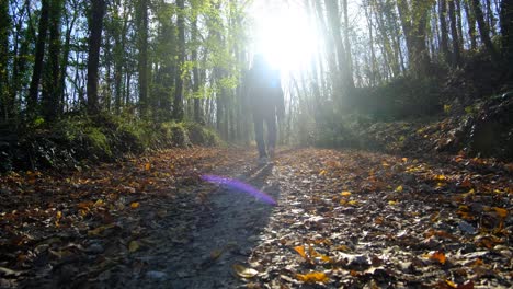 joven hombre de mochila caminando otoño