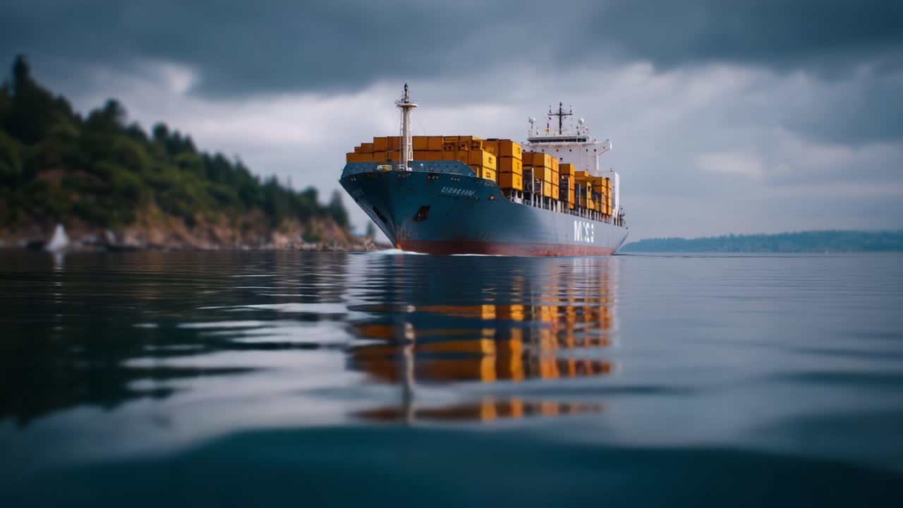 Stort containerskib navigerer i roligt vand med træer og grå skyer i baggrunden, der spejler sig i overfladen, mens det transporterer gods over havet.