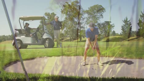 animation of trees over senior caucasian couple playing golf on golf course