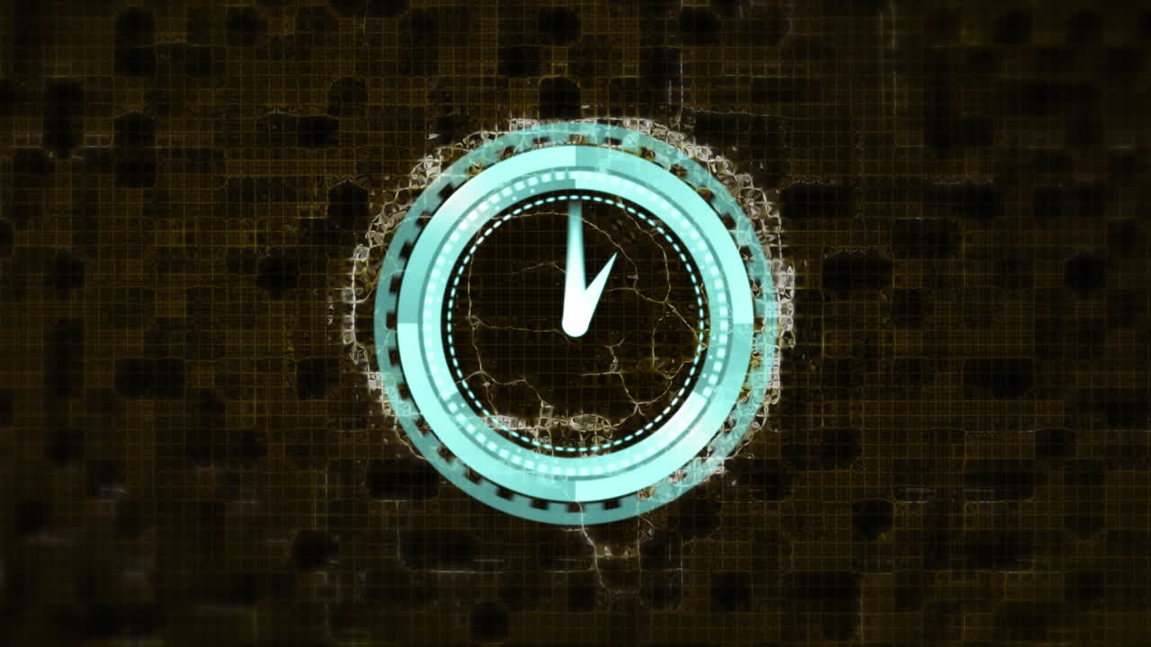 Animation of moving clock over digital brain and green shapes on black background