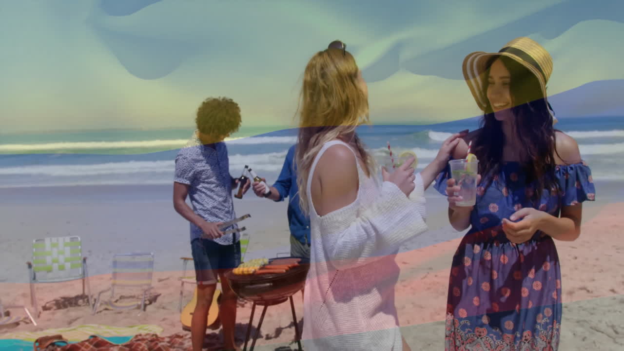 On sunny beach day, friends having drinks and barbecue with animation fun