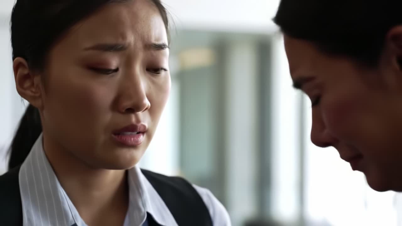 Two women have an intimate conversation in a contemporary setting. One woman appears distressed, while the other offers comfort and support, emphasizing emotional connection and care.