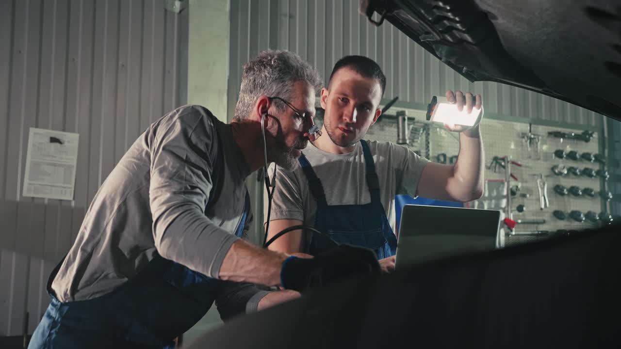 Car repair by two mechanics in a workshop