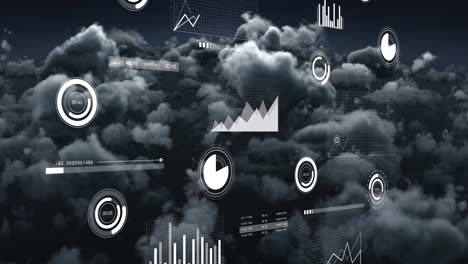 animación del procesamiento de datos estadísticos contra nubes oscuras en el cielo.