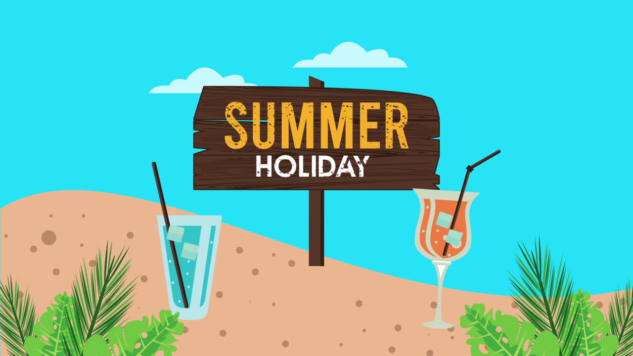 해변에서 나무 라벨과 열대 음료와 함께 여름 휴가 시즌