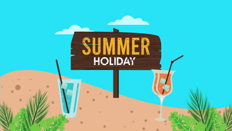 summer holiday season with wooden label and tropical drinks on the beach