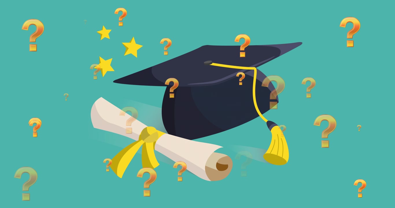 Animation of question mark and graduation cap on green background