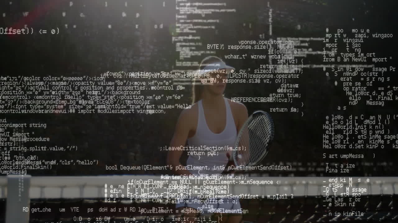 female tennis player standing on court, displaying floating code overlays for sports analytics