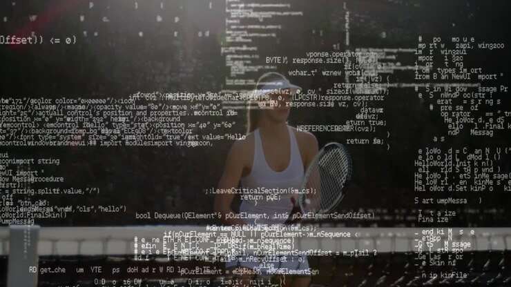 female tennis player standing on court, displaying floating code overlays for sports analytics