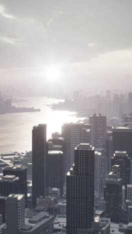 aerial view of a city skyline at sunset