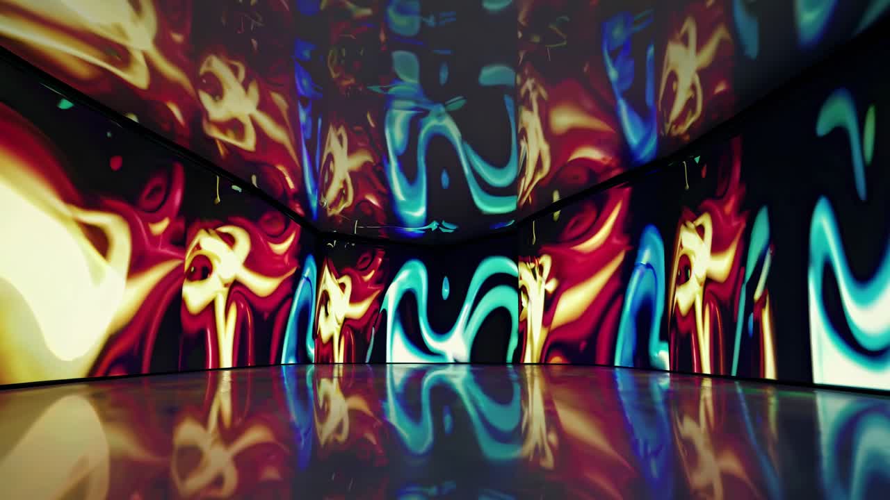 Immersive video art installation with abstract light patterns on walls