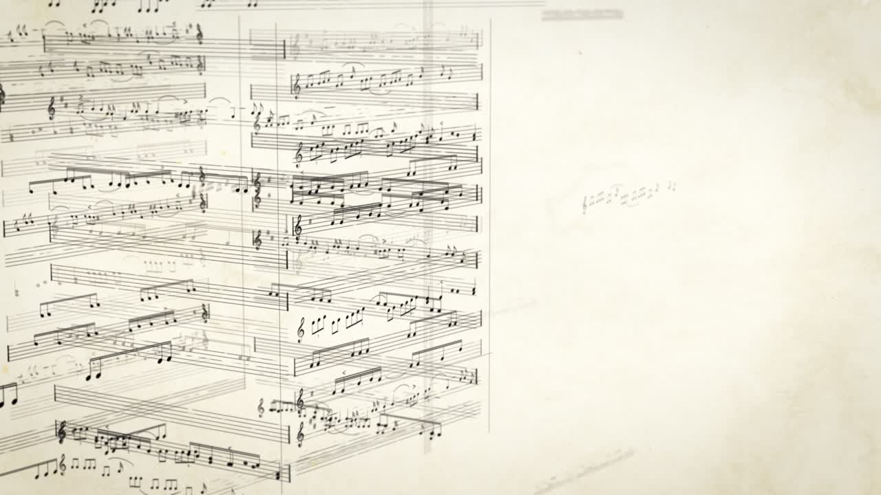 오래된 종이에 레트로 스타일링 된 노트와 함께 빈티지 분위기 음악 배경 모션 배경 원활한 루프