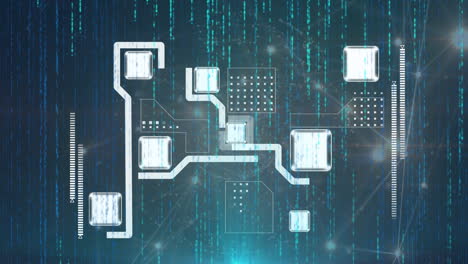 animation of integrated circuit over lights on navy background