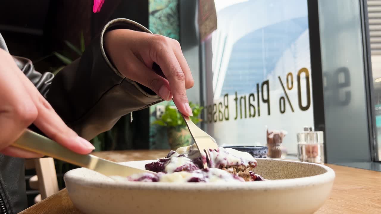 Cutting Vegan Blueberry Pancakes Breakfast