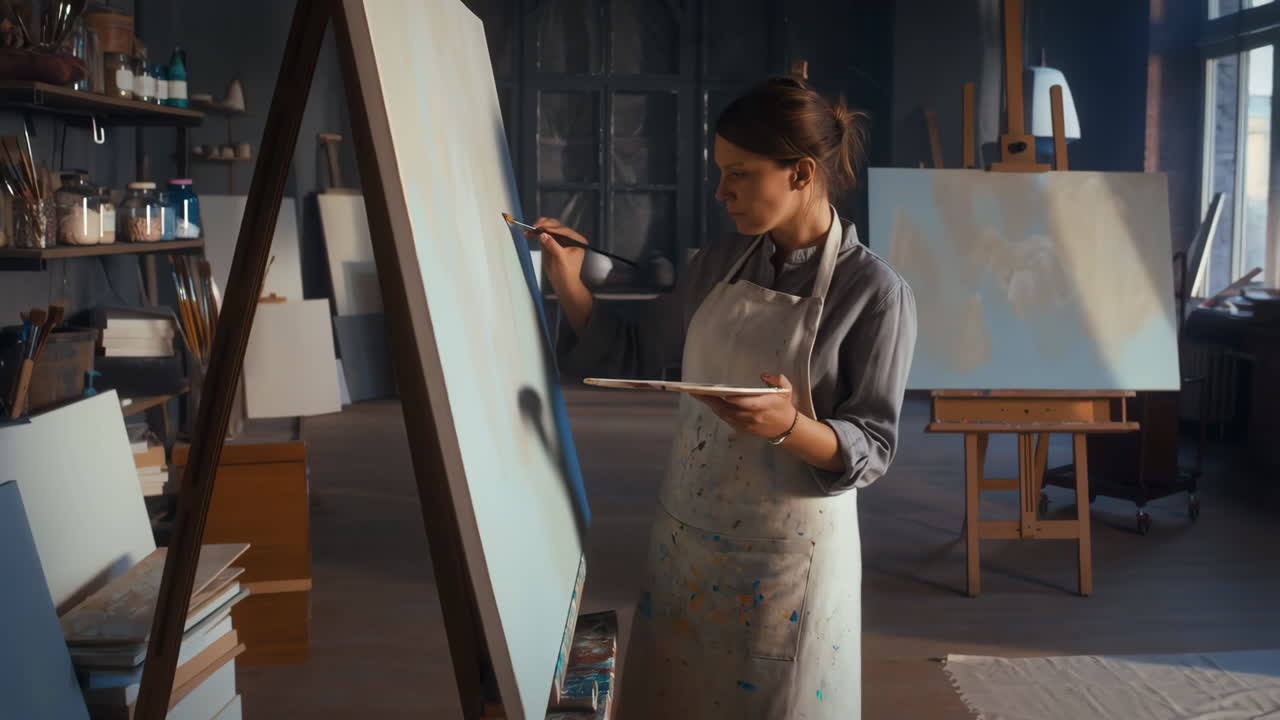 Kvindelig kunstner maler på lærred i et kunststudie
