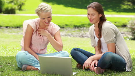 two women sit on the grass as they use a laptop together and then both look at the camera
