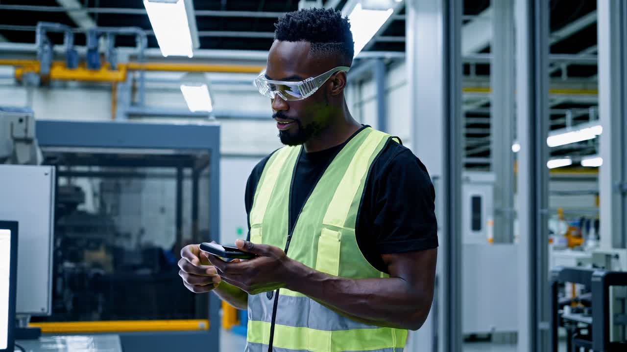 Professional worker wearing safety vest and glasses using smartphone while communicating in high tech manufacturing facility, showcasing digital connectivity and technological innovation