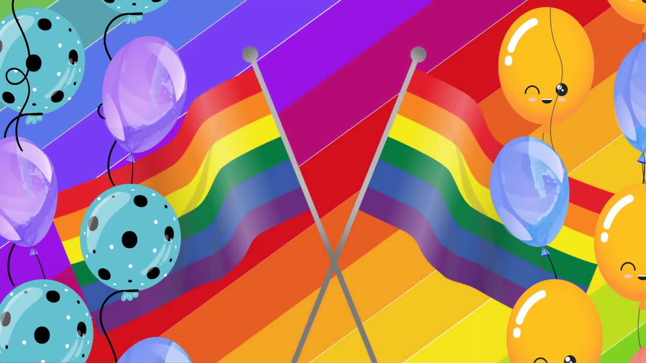 animación de banderas de orgullo y globos en fondo arco iris