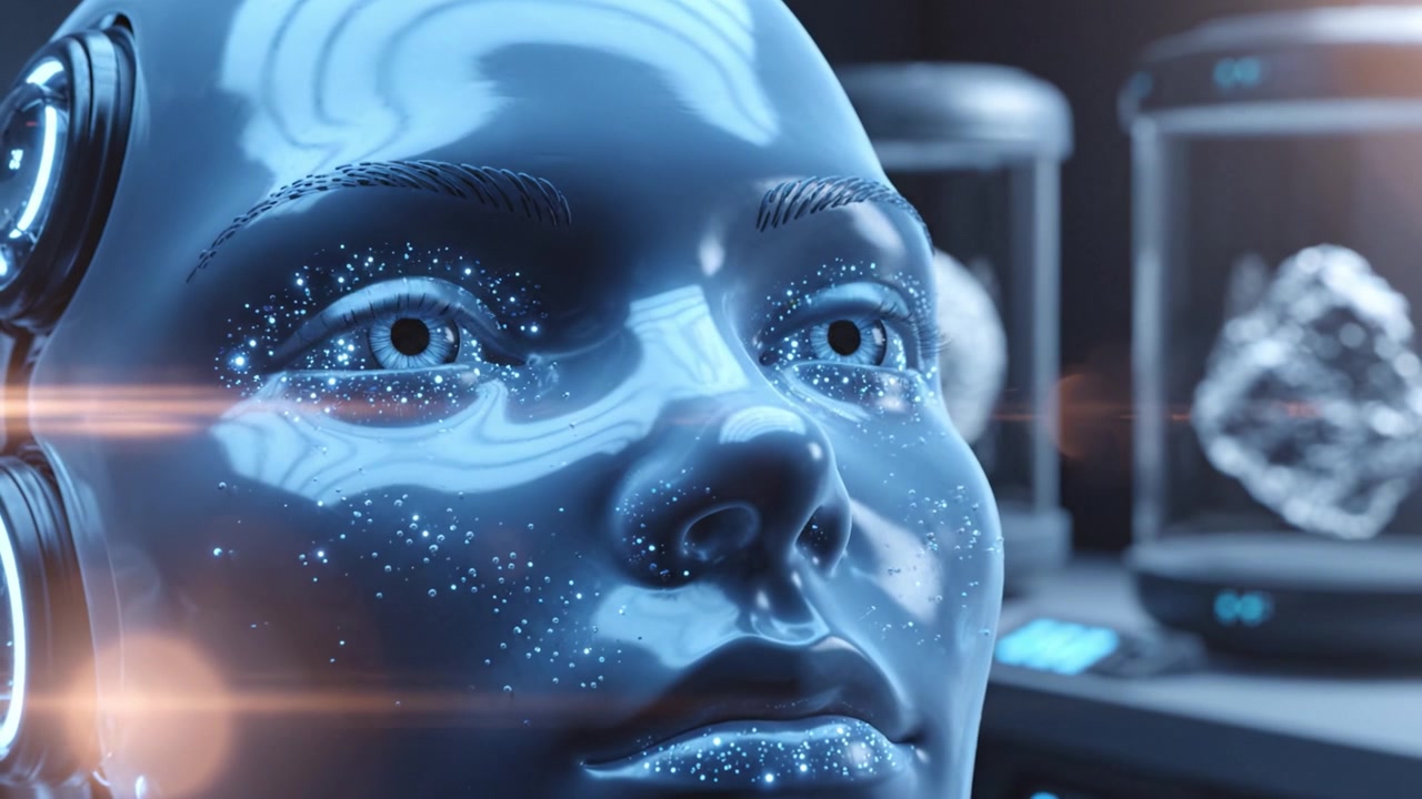 Testa di robot futuristica con finitura lucida e caratteristiche high-tech, circondata da oggetti luminosi, che rappresenta l'intersezione tra tecnologia e arte