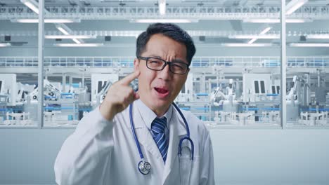 Close Up Of Asian Male Doctor With Stethoscope Shouting To Camera While Standing In Laboratory