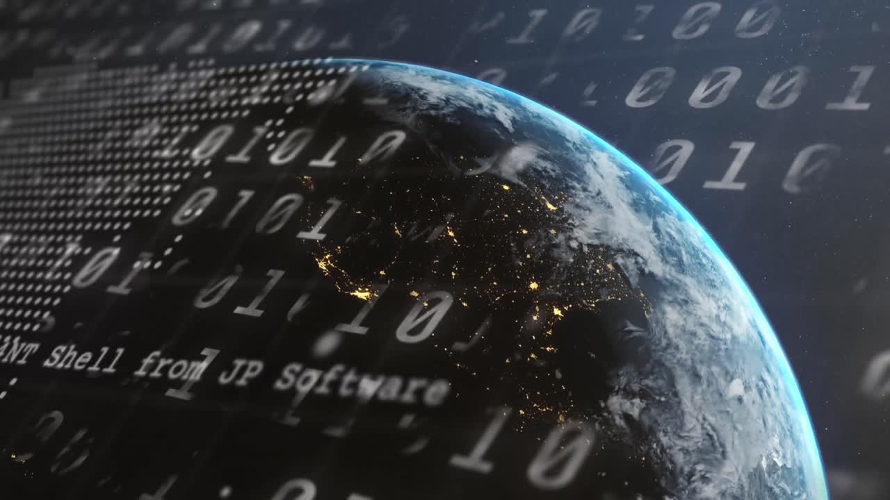 Animation of binary coding and data processing over globe