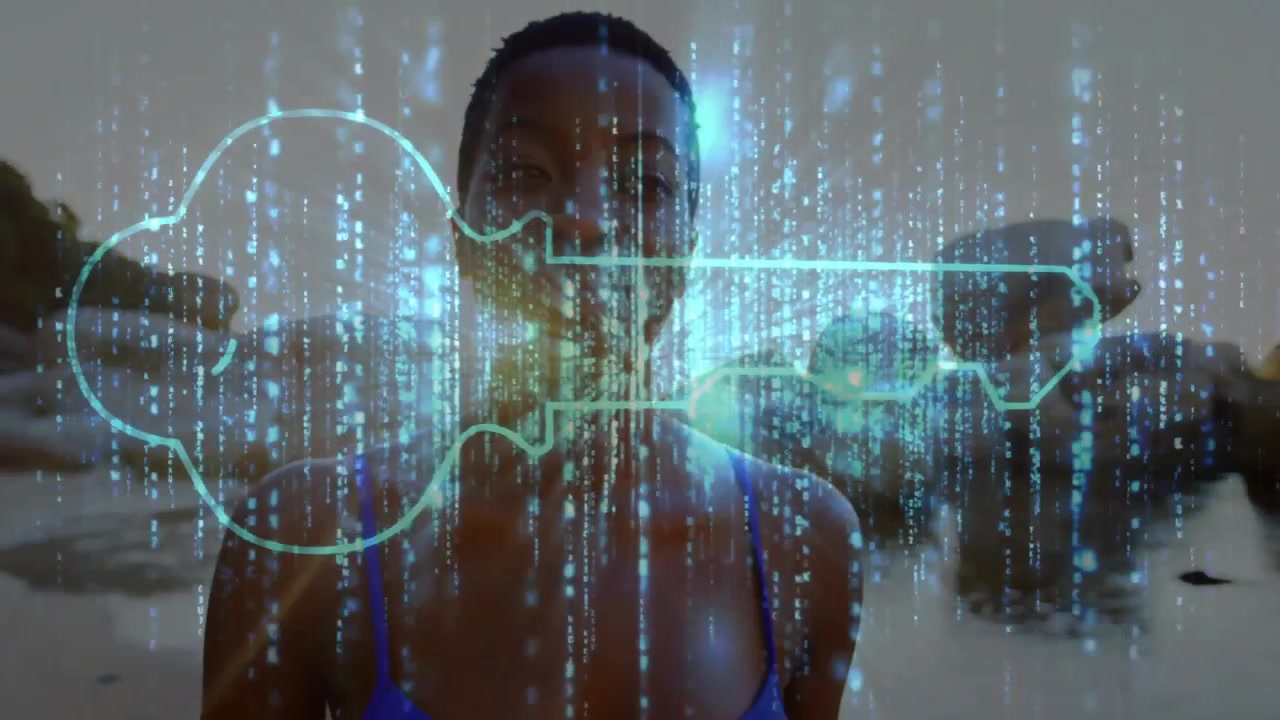 Woman turning on shore, cyan rain falling, key sliding and covering face, showing tech security