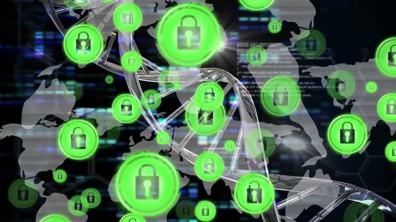 세계 지도 위에  ⁇ 락 보안 아이콘을 가진 연결 네트워크의 애니메이션