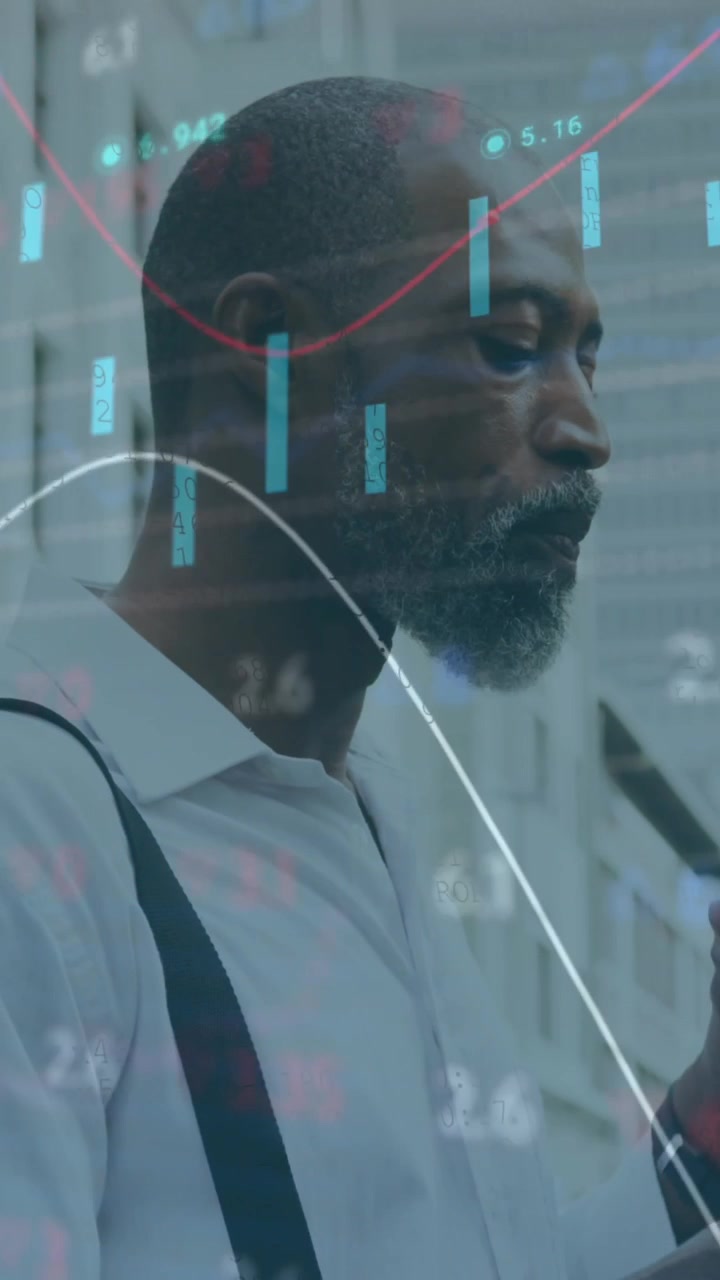 Animation of graphs, trading board, african american man scrolling on cellphone and drinking coffee