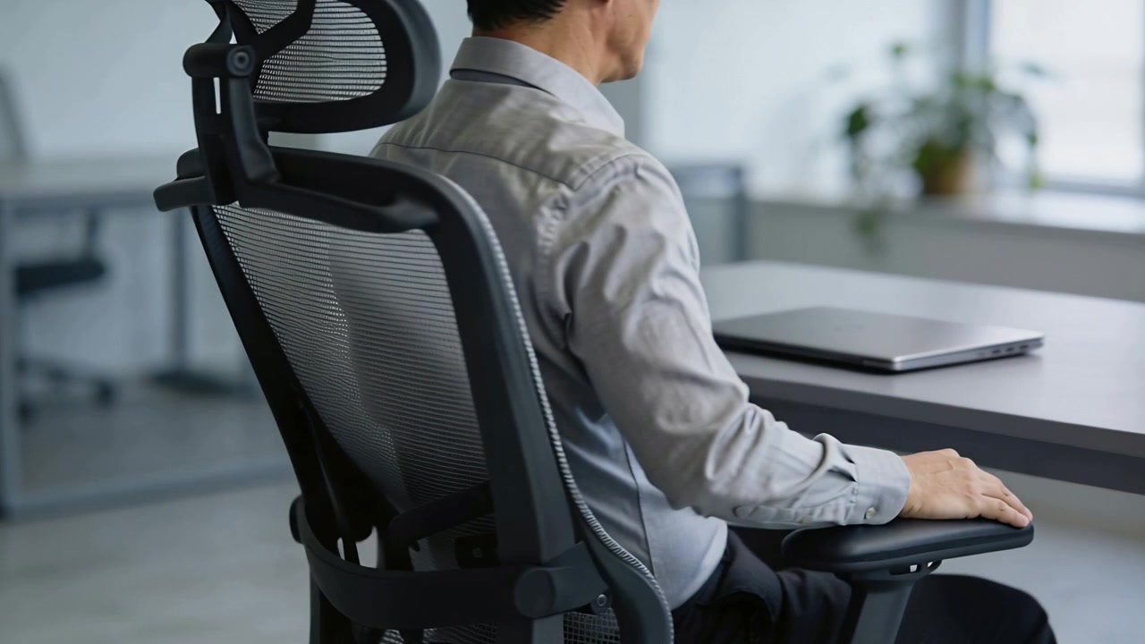 Homem de camisa recostando-se e ajustando-se em cadeira ergonômica no escritório, pegando o laptop para começar a trabalhar.