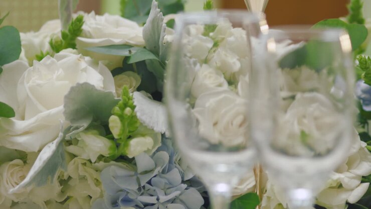 An elegant visual detail where the initial focus shows glass cups on the table and, through gentle panning, it blurs to focus on a delicate floral arrangement.