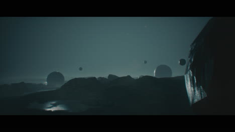 alien planet desert landscape at night with strange sphere-shaped buildings