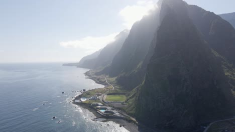 Beautiful-aerial-or-drone-shot-along-the-coast-of-Madeira-Island-in-Portugal