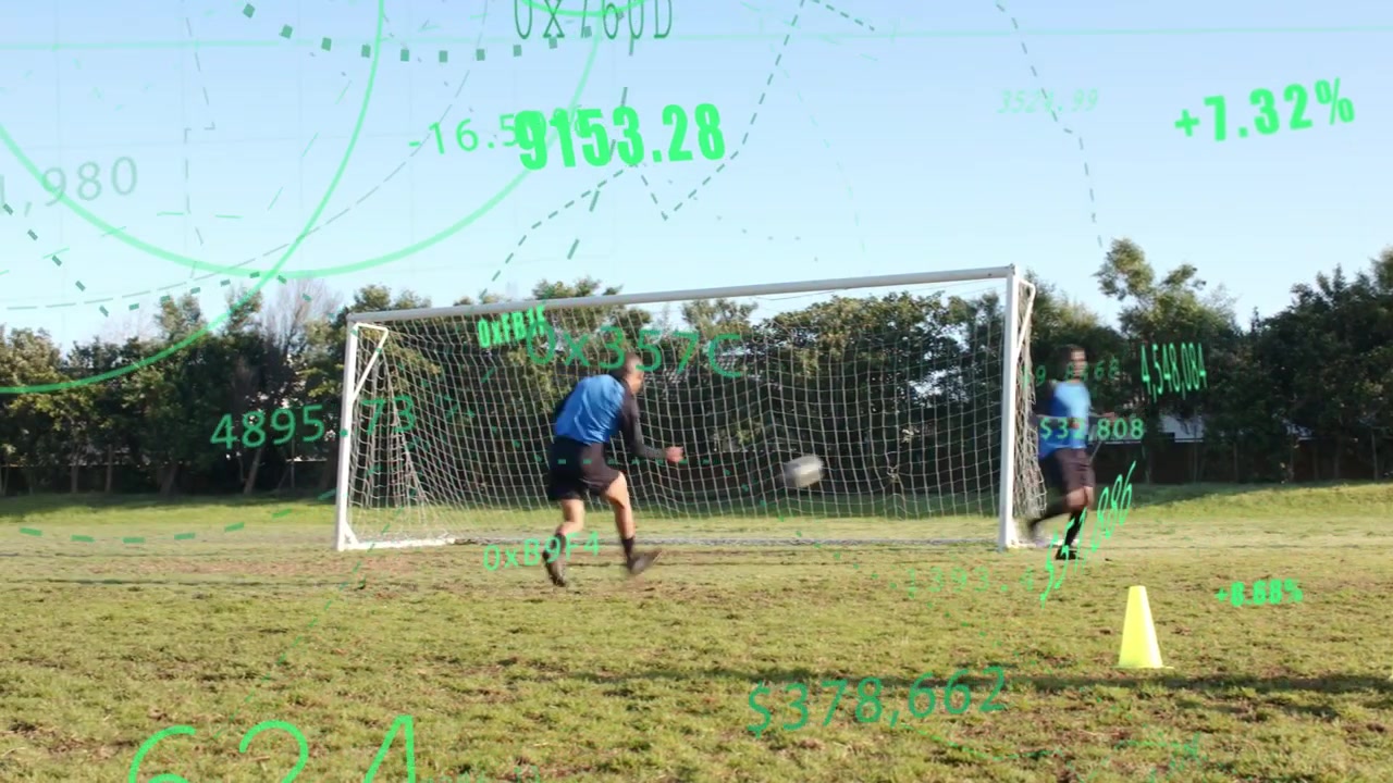 Shooter dribbling at cones, shooting into net, green AR overlay tracking soccer training metrics