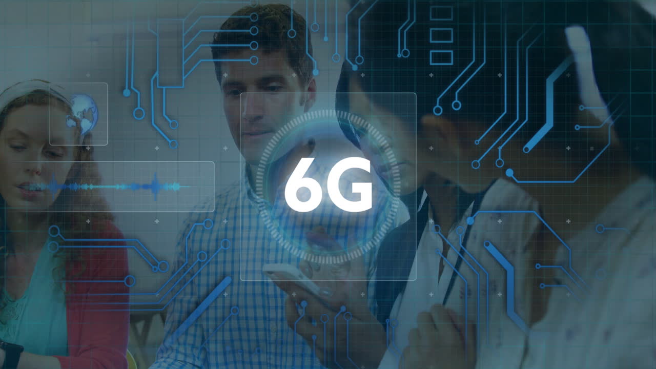 Collaborating with digital devices, diverse people exploring 6G technology concept animation