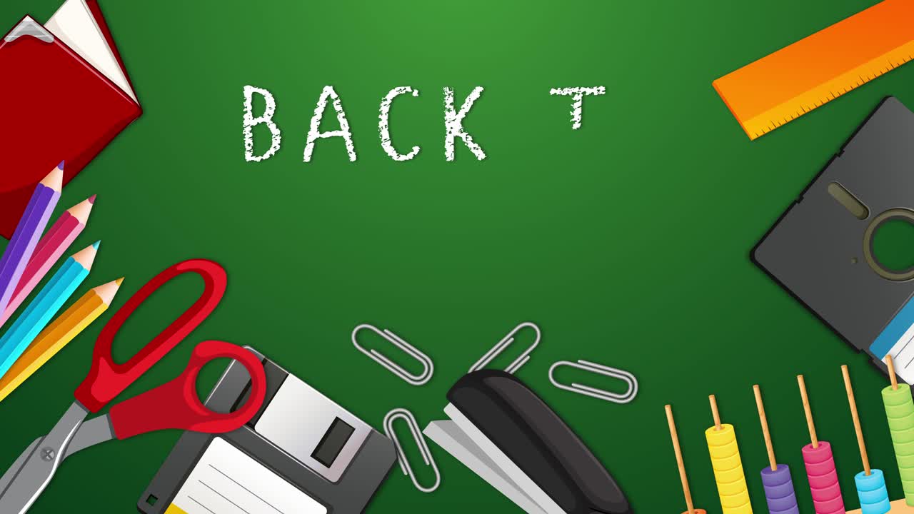 School supplies appear on chalkboard background