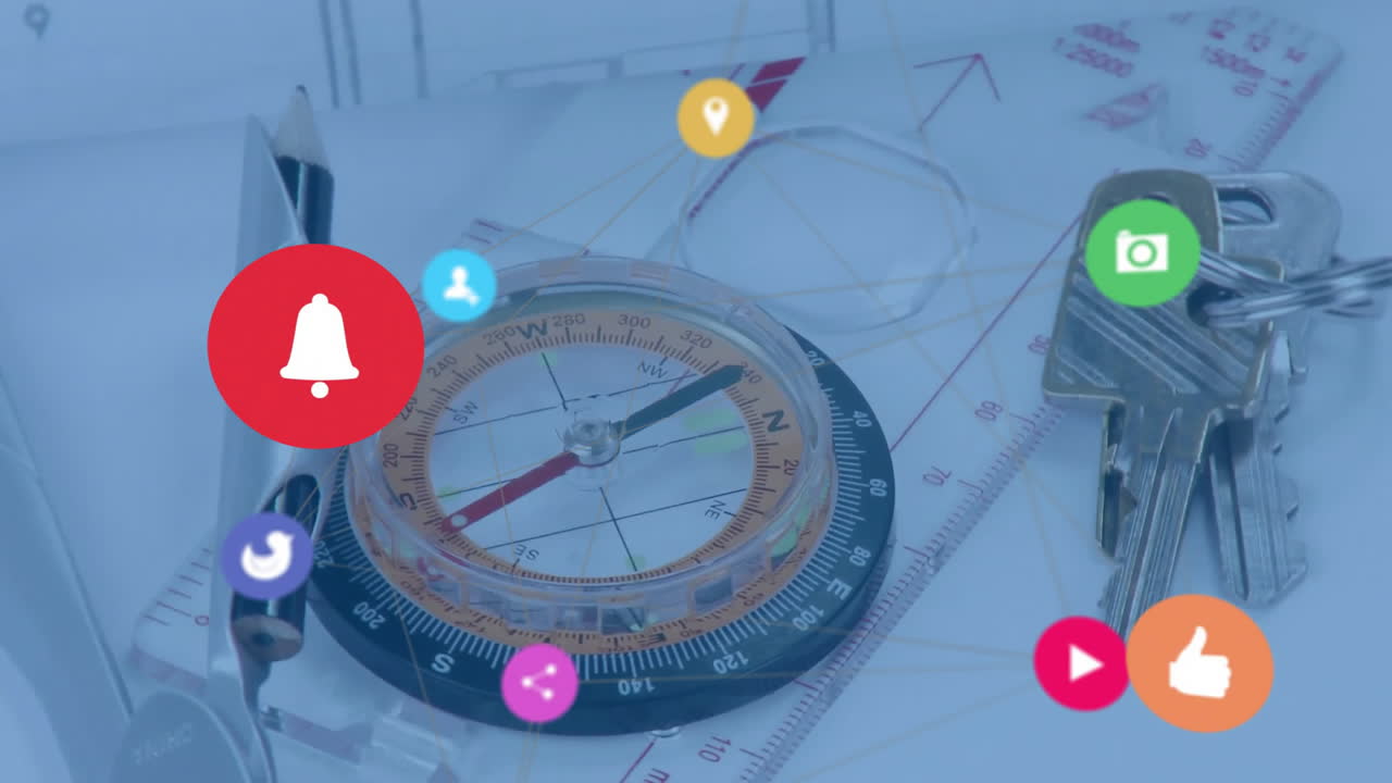 Floating social media icons over blueprint with compass and drafting tools