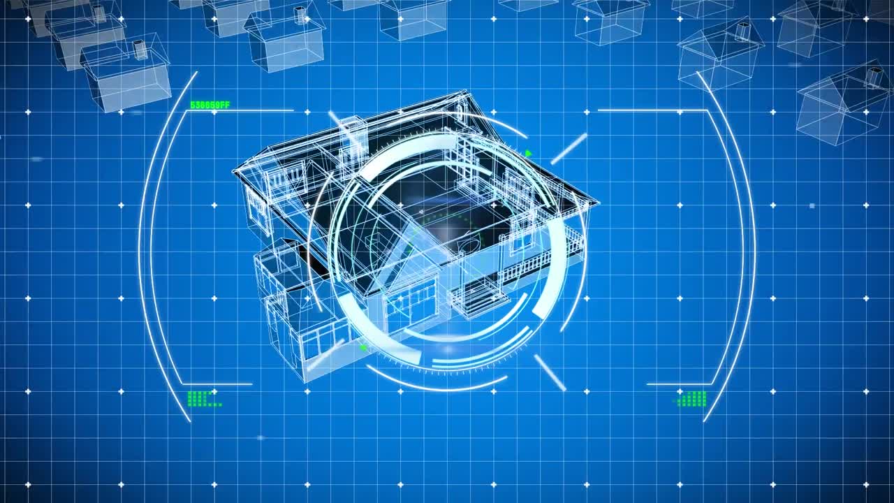 animación del escaneo del alcance con procesamiento de datos sobre el dibujo de la casa en 3d
