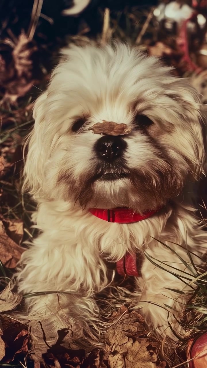 Lille fluffy hund sidder udendørs med et blad på næsen