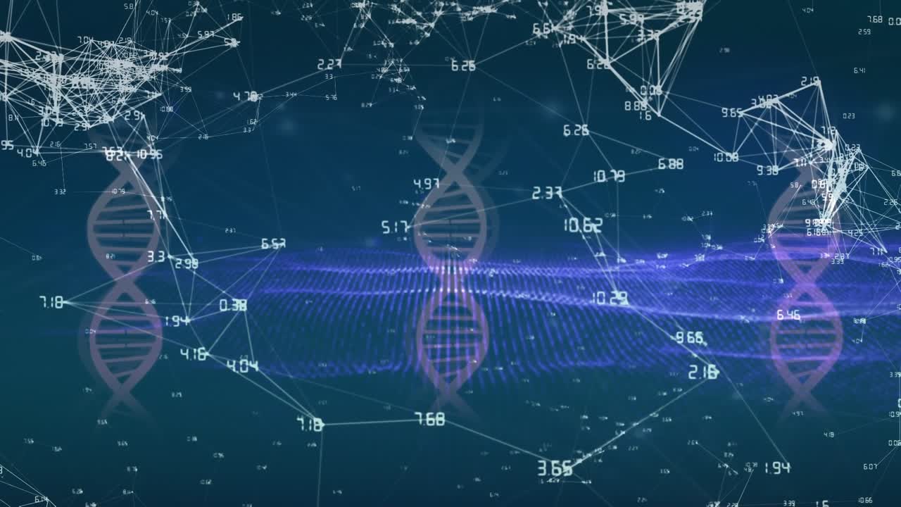 Animation of network of connections over dna strand on black background