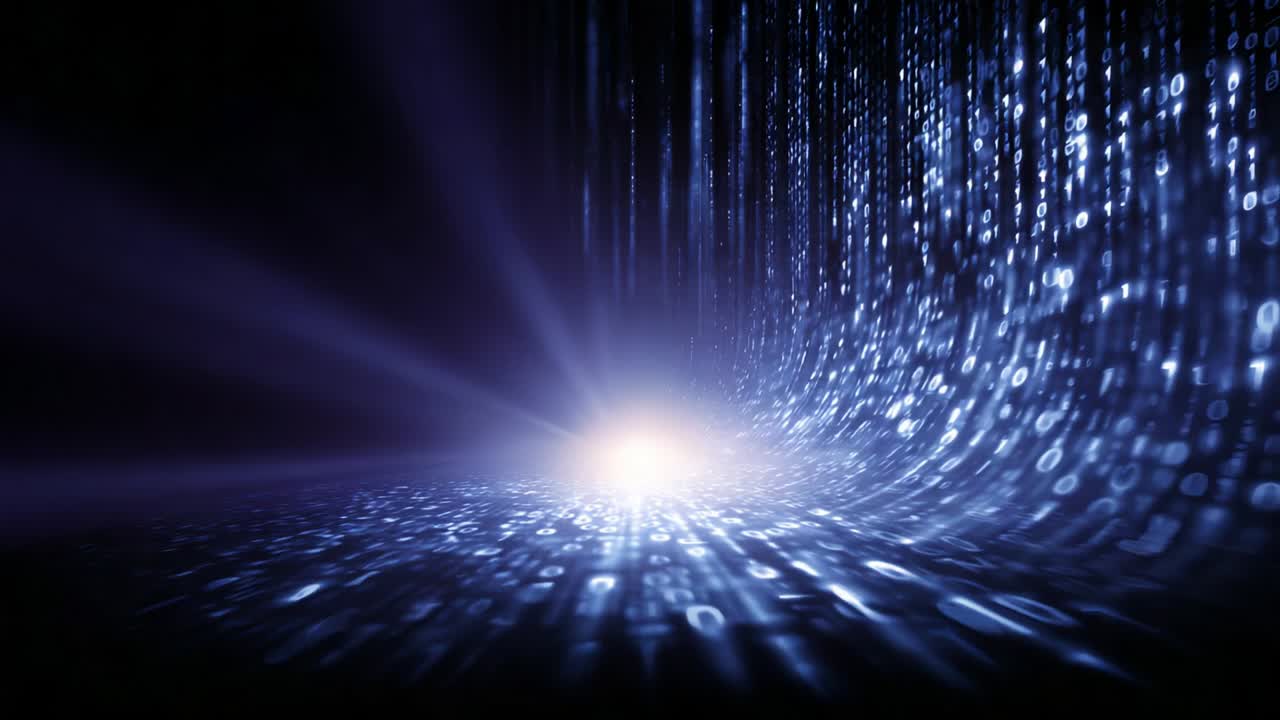 A mesmerizing visual journey through cascading binary code and radiant light, illustrating the dynamic nature of data streams and digital transformation in a vibrant digital landscape of zeros and ones