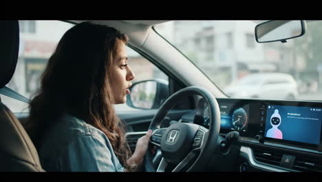 woman driving a modern car with an ai assistant on the screen
