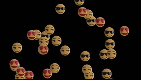 animation of social media emoji sunglasses and hearts icons on black background