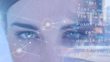 animation of network of connections and data processing over woman's face