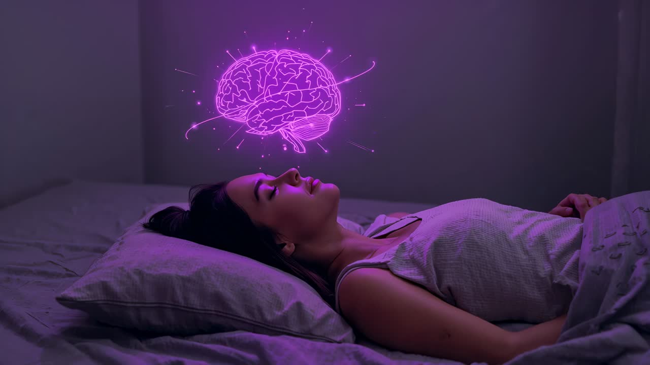 Resting woman in tank top on bed as hologram brain appearing above head, glowing, sending spark