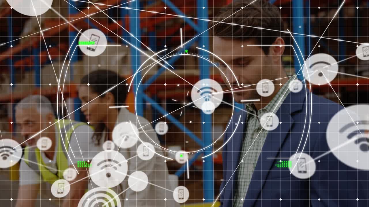 Animation of network of connections and scope scanning over warehouse